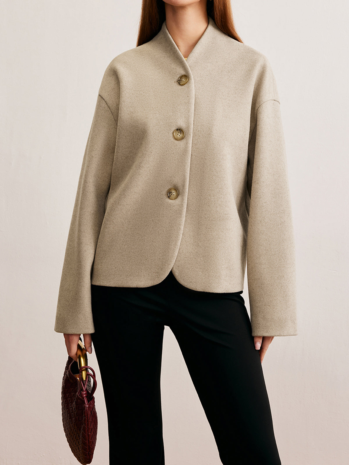 Short Wool Blend Jacket | V-Neck | Minimalist Silhouette