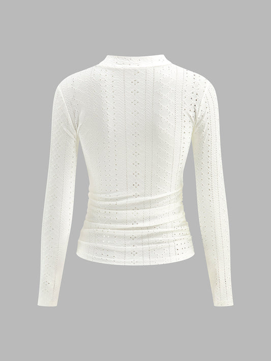 Semi-Sheer Stand Collar Side-Pleated Skinny Top