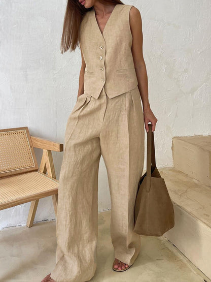 Tailored  Linen Vest & Wide-Leg Pants Set