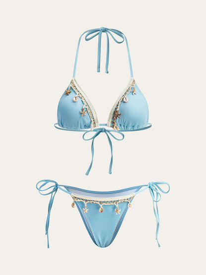Shell-Embellished Tie-Up Triangle Bikini Set