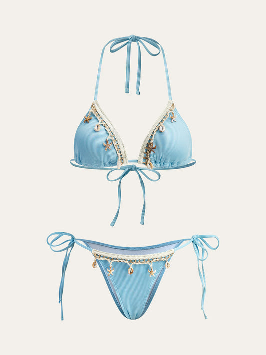 Shell-Embellished Tie-Up Triangle Bikini Set