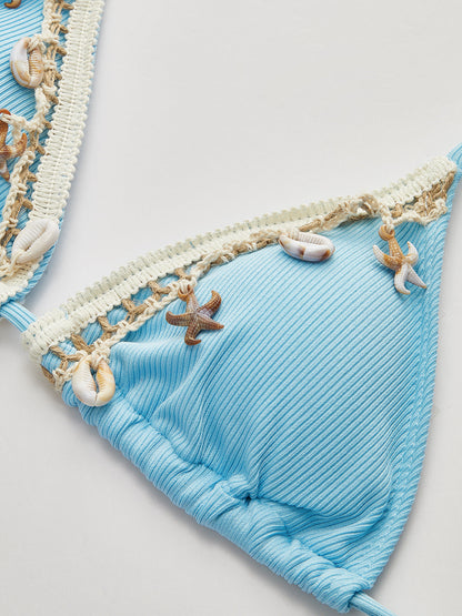 Shell-Embellished Tie-Up Triangle Bikini Set