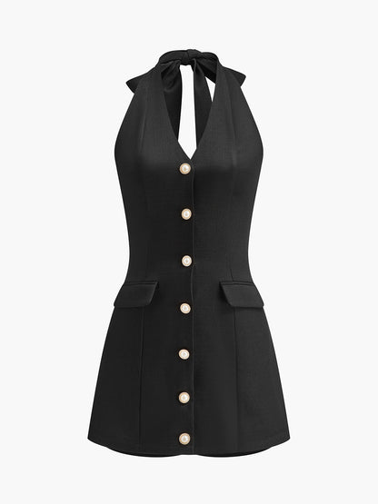 Button Front Halter Jumpsuit