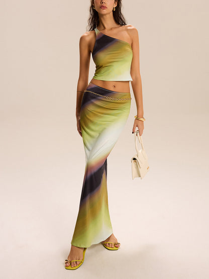 Gradient Print One-Shoulder Skirt Set