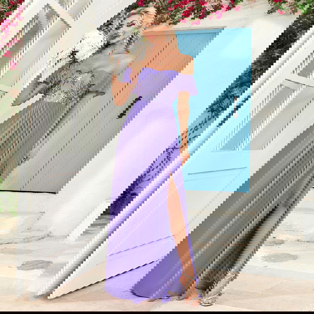 Bandeau One Shoulder Sequin Stitching Back Zipper Bow Side Slit Long Party Evening Dress