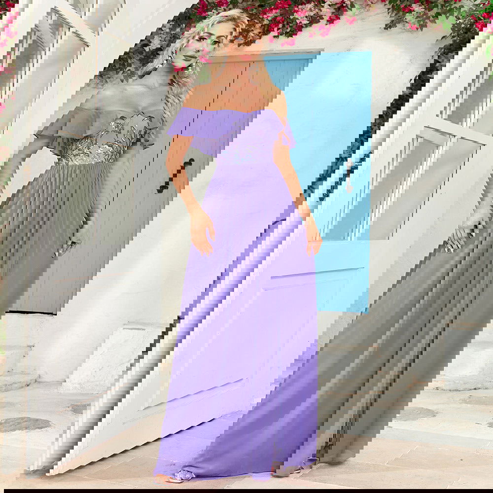 Bandeau One Shoulder Sequin Stitching Back Zipper Bow Side Slit Long Party Evening Dress