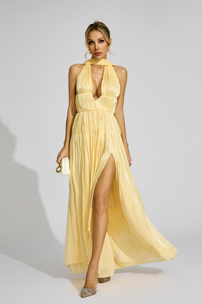 Barney Yellow Halter Pleated Dress