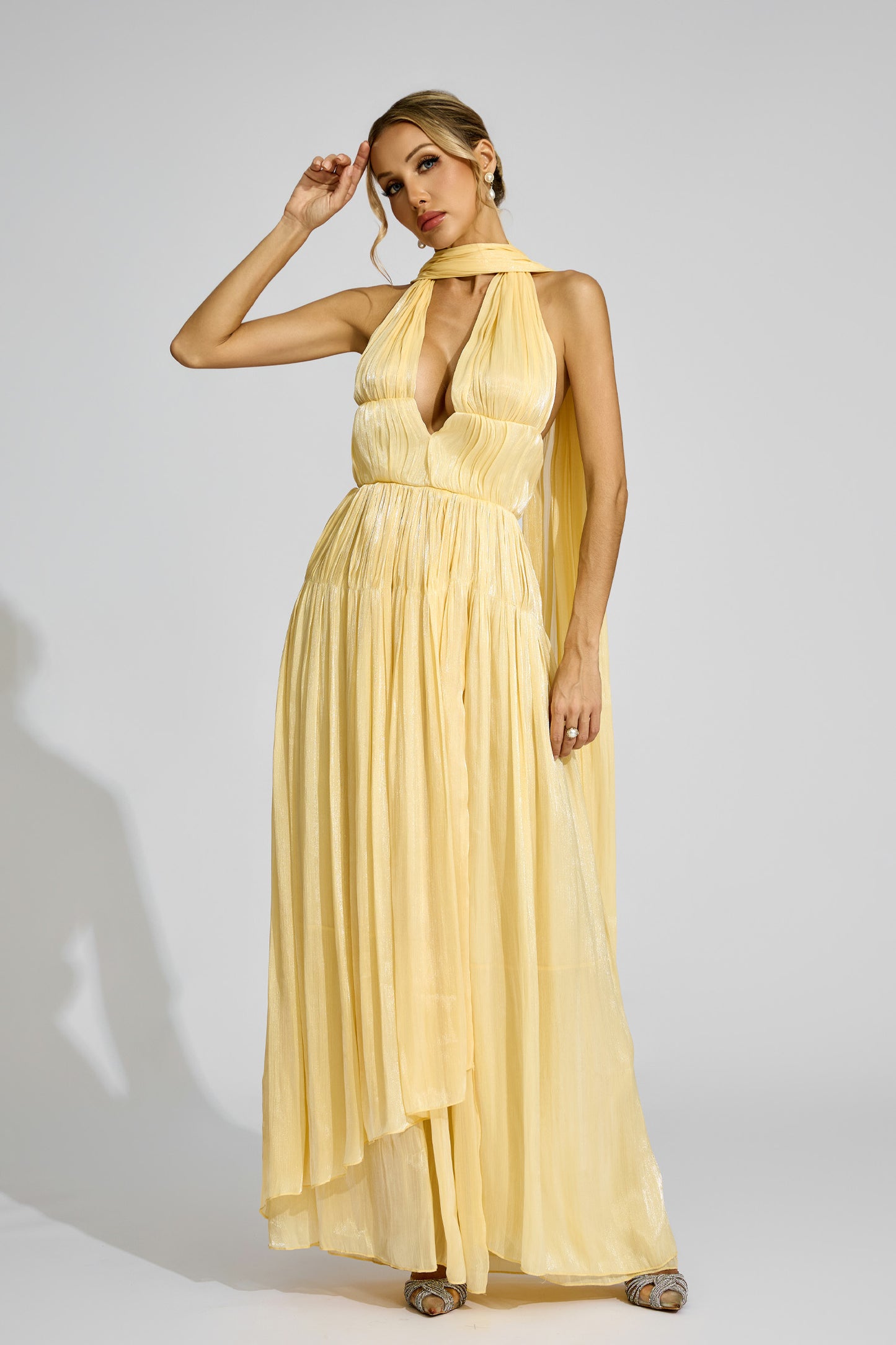 Barney Yellow Halter Pleated Dress