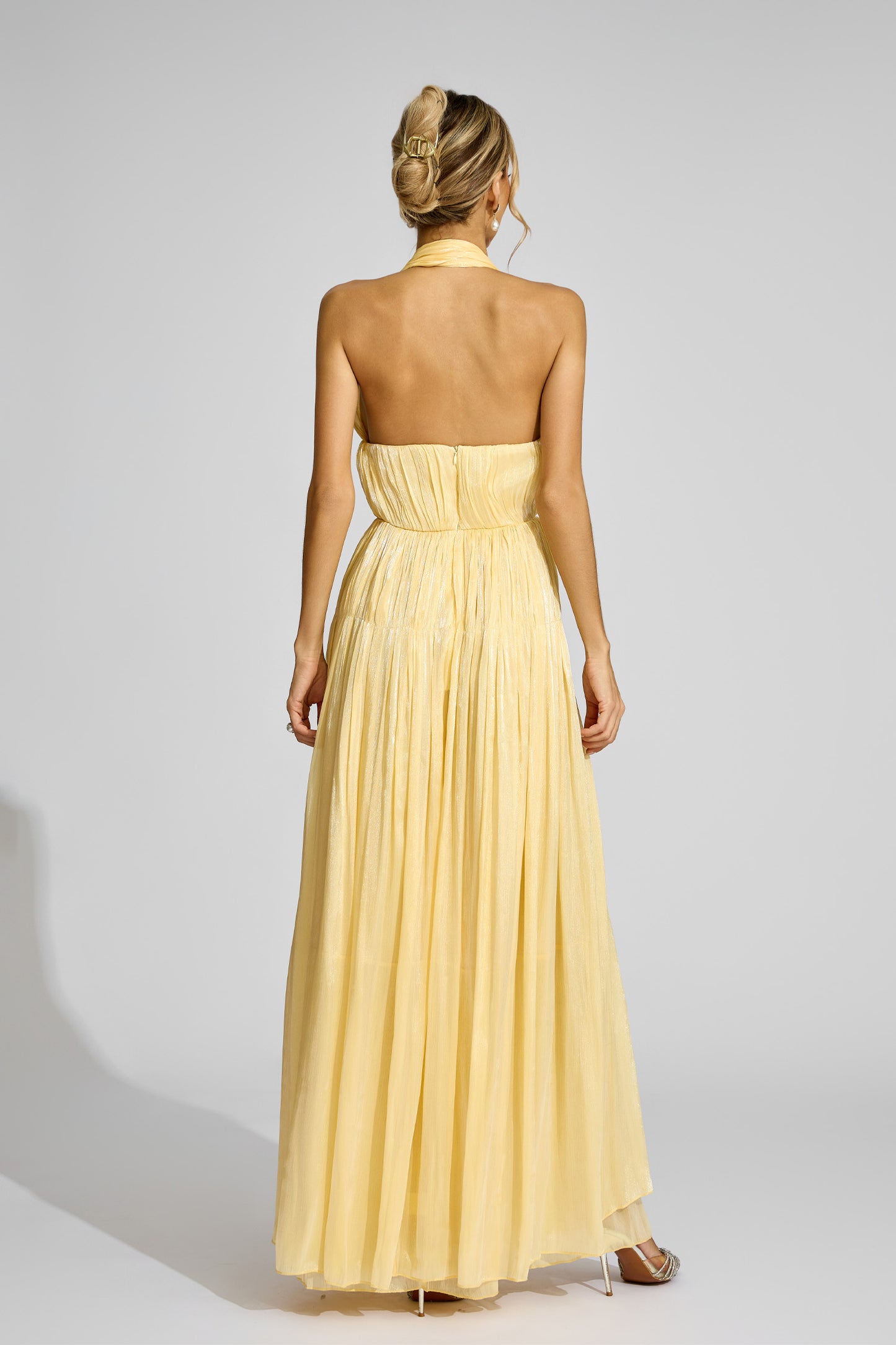 Barney Yellow Halter Pleated Dress