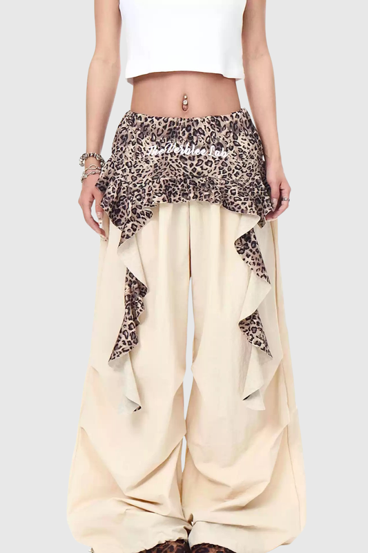 Baxle Leopard Ruffle Deconstruct Pants - Apricot