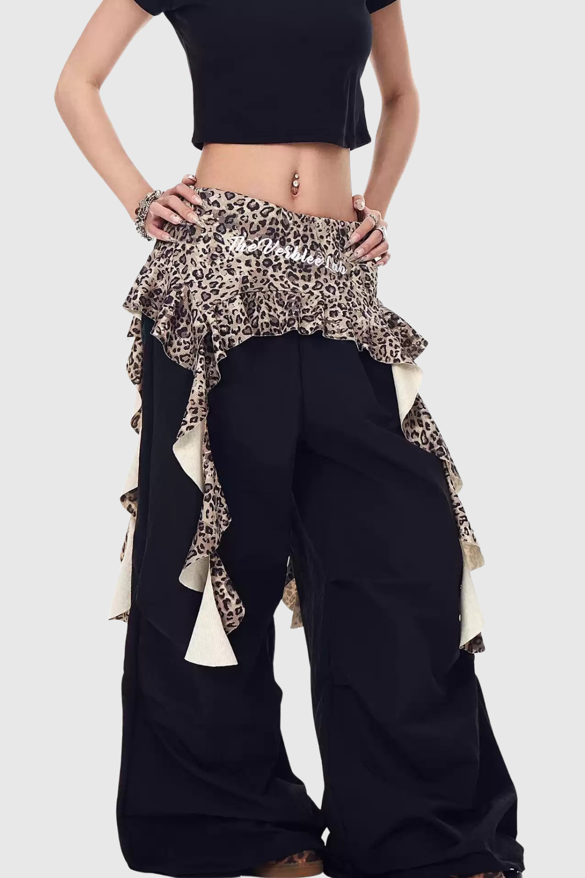Baxle Leopard Ruffle Deconstruct Pants - Black
