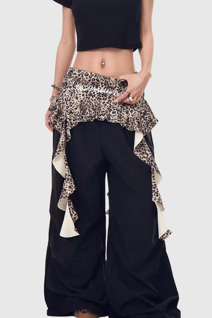 Baxle Leopard Ruffle Deconstruct Pants - Black