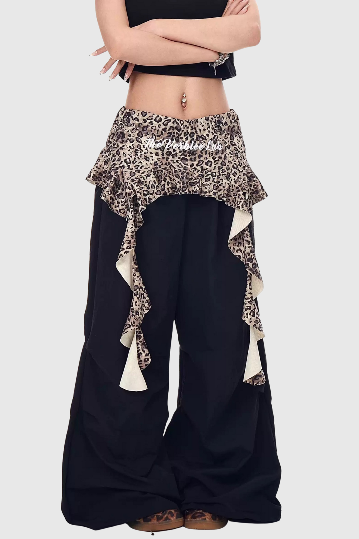 Baxle Leopard Ruffle Deconstruct Pants - Black