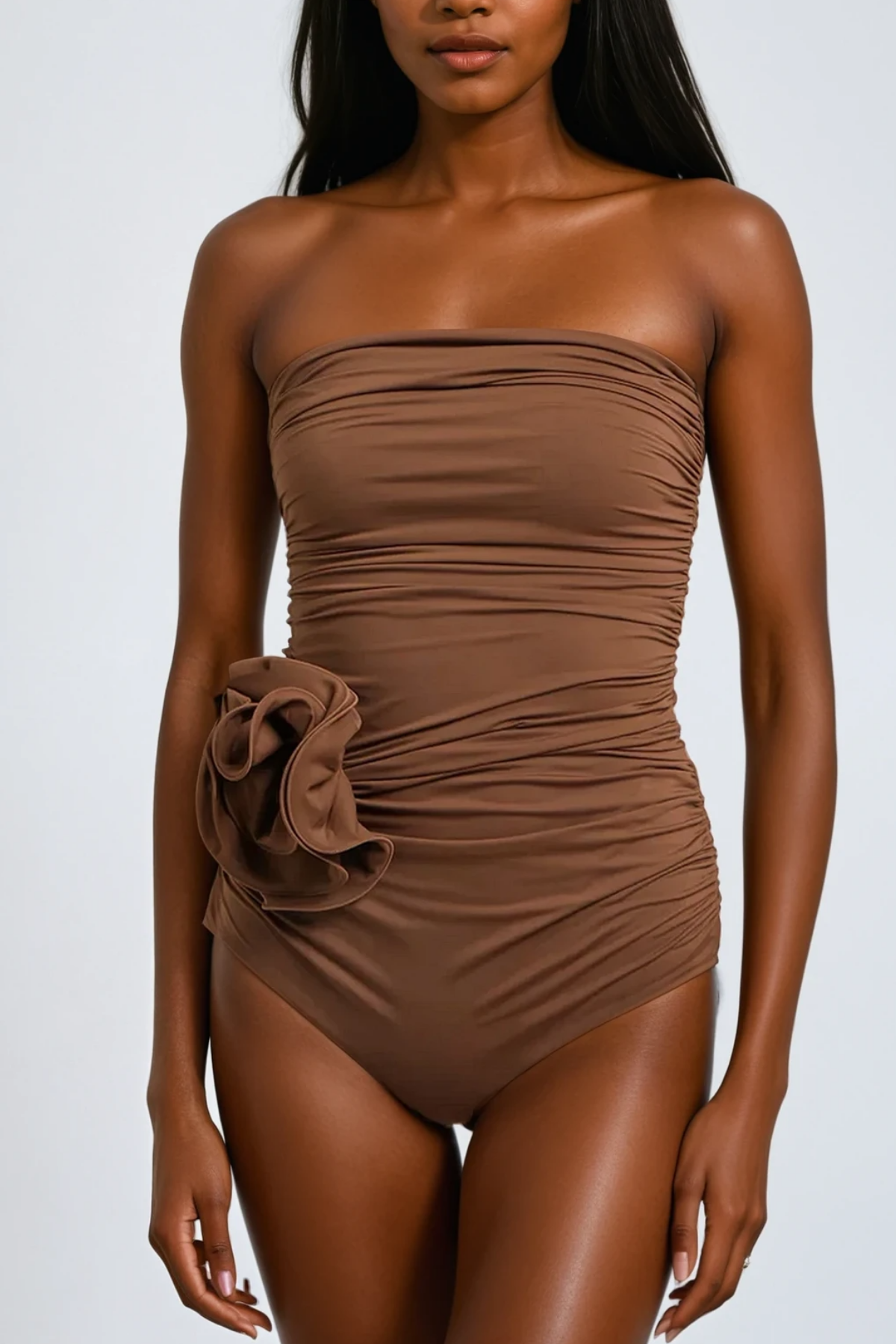 Berach Ruched Flower One Piece Swimsuit In Mocha Mousse