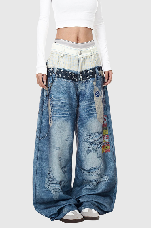 Birdie Print Deconstruct Barrel Jeans