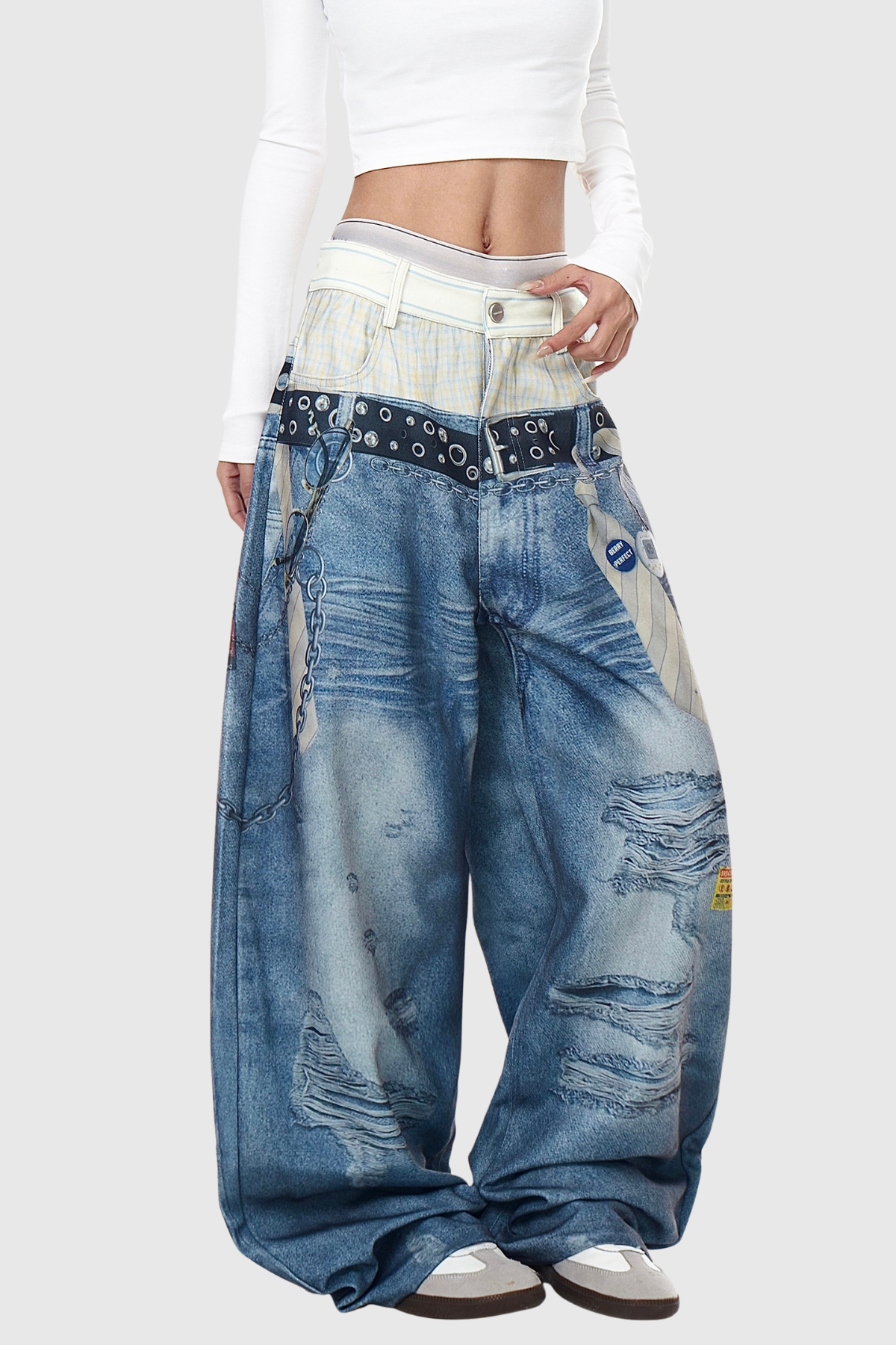 Birdie Print Deconstruct Barrel Jeans