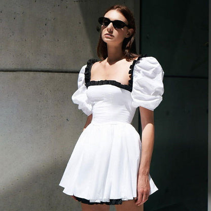 Black White Contrast Color Square Collar Puff Sleeve Backless Dress High Sense