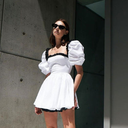 Black White Contrast Color Square Collar Puff Sleeve Backless Dress High Sense