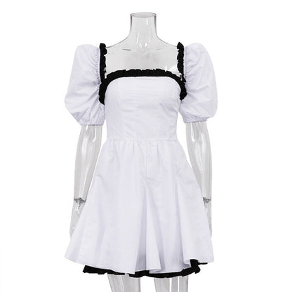 Black White Contrast Color Square Collar Puff Sleeve Backless Dress High Sense