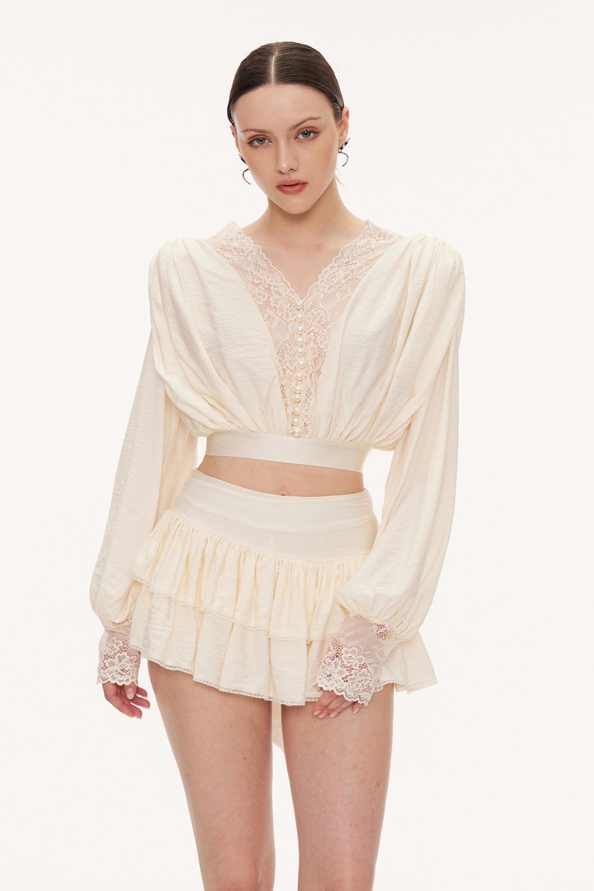 Blagovest Lace Ruch Ruffle Skirt Set