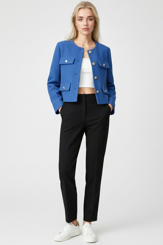 Textured Pocket Jacket | Round Neck, Gold-Tone Button Detail