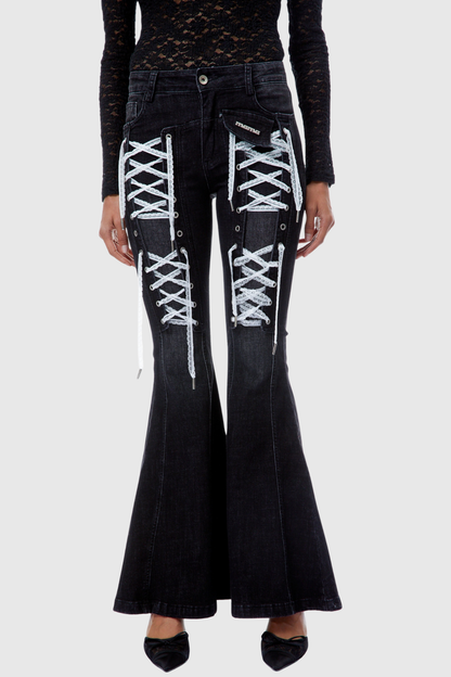 Bruna Lace Up Flared Jeans - Black