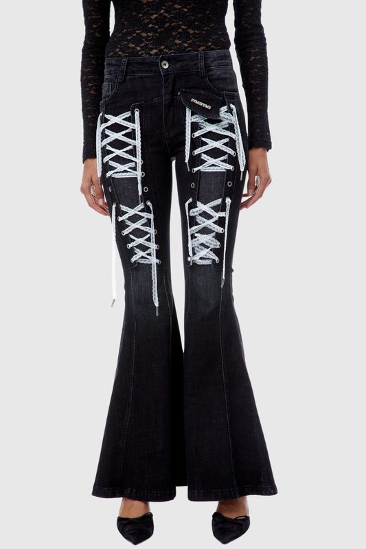 Bruna Lace Up Flared Jeans - Black