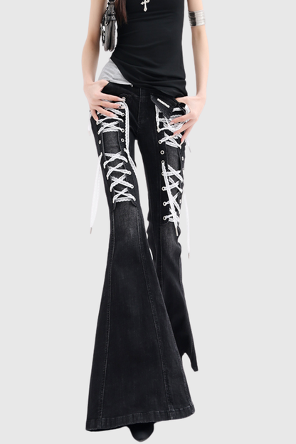 Bruna Lace Up Flared Jeans - Black