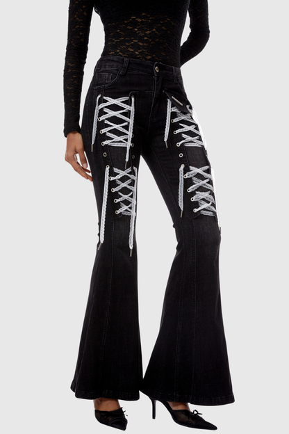 Bruna Lace Up Flared Jeans - Black