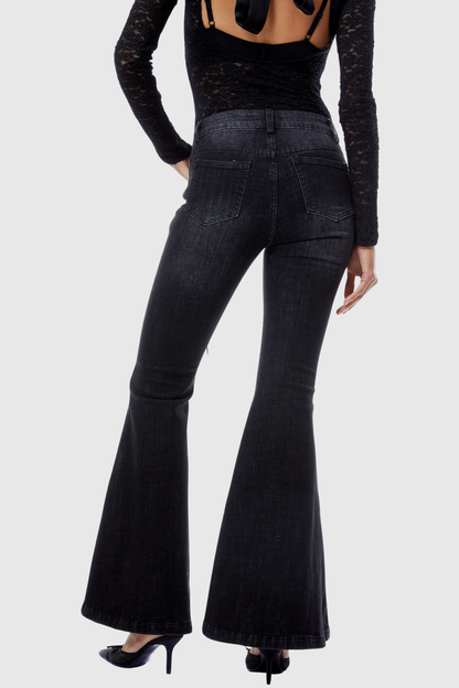 Bruna Lace Up Flared Jeans - Black