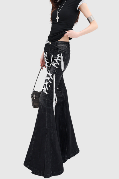 Bruna Lace Up Flared Jeans - Black