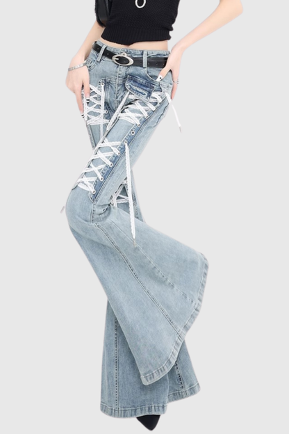 Bruna Lace Up Flared Jeans - Blue