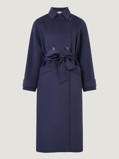 Wool Blend Long Coat | Double-Breasted | Belted Waist