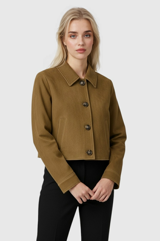 Cropped Suede-Effect Jacket | Button Front Turn-Down Collar Autumn Winter