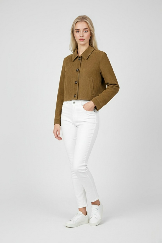 Cropped Suede-Effect Jacket | Button Front Turn-Down Collar Autumn Winter
