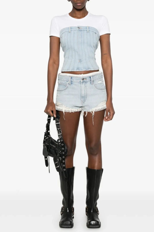 Chaeli Lace-layer Denim Shorts - Blue