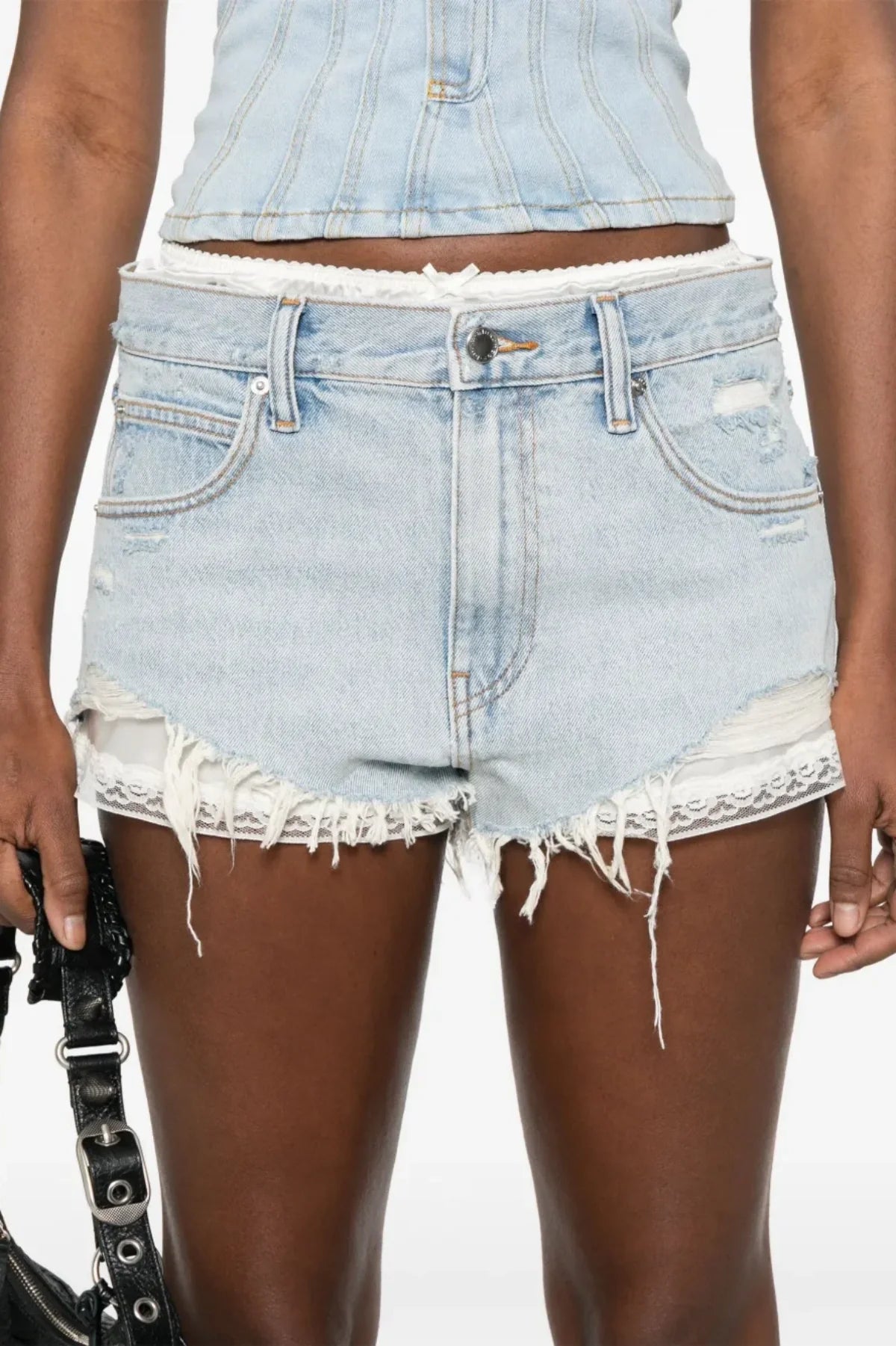 Chaeli Lace-layer Denim Shorts - Blue