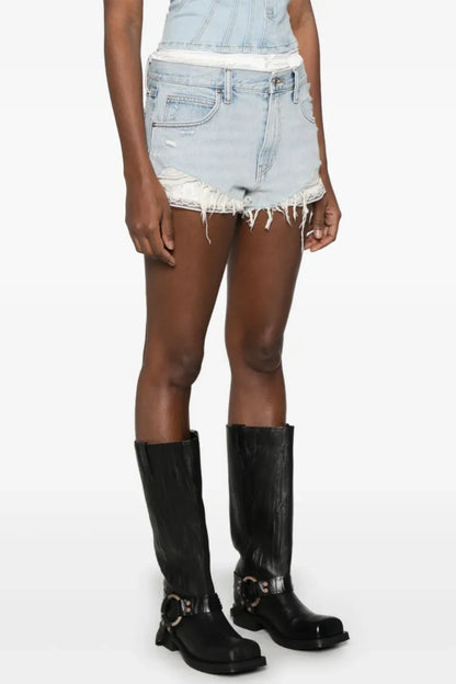 Chaeli Lace-layer Denim Shorts - Blue