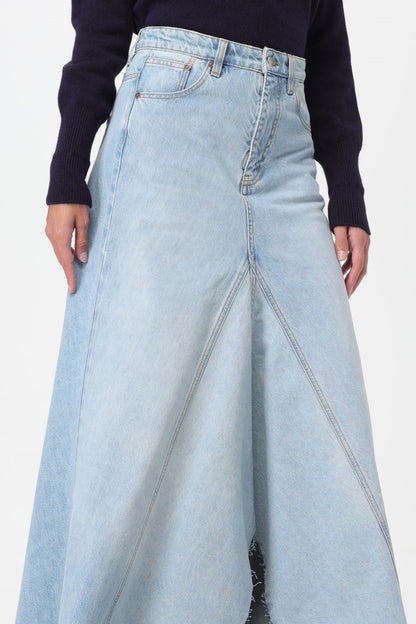 Charlia Paneled Frayed Denim Skirt