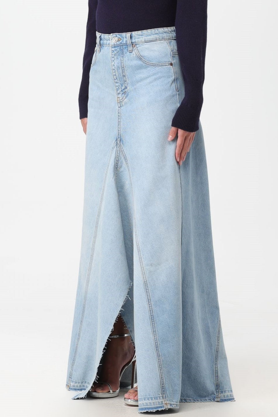 Charlia Paneled Frayed Denim Skirt