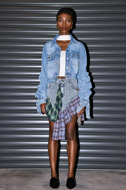 Charvi Grid Ruffle Patchwork Short Skirt