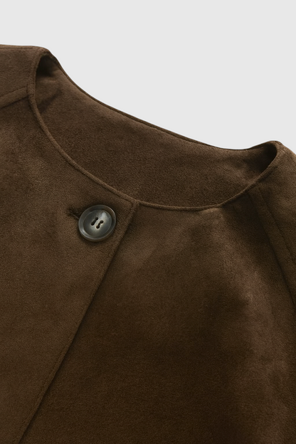 Round Neck PU Jacket | Cropped Shape | Button Front | Relaxed Fit