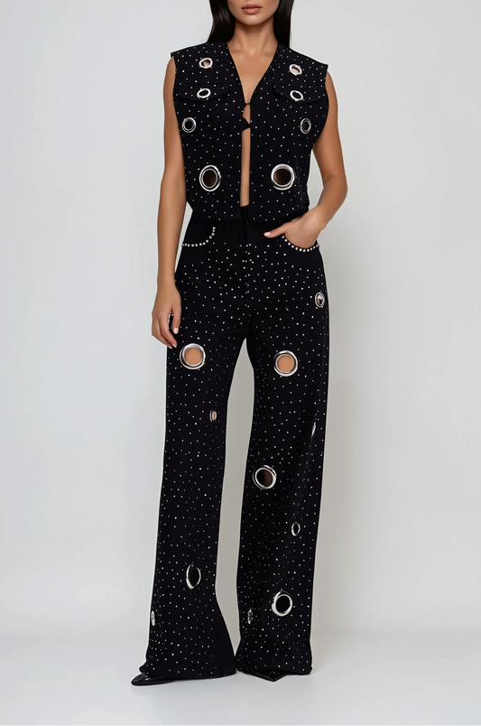 Chet Embellished Cutout Denim Pants Set