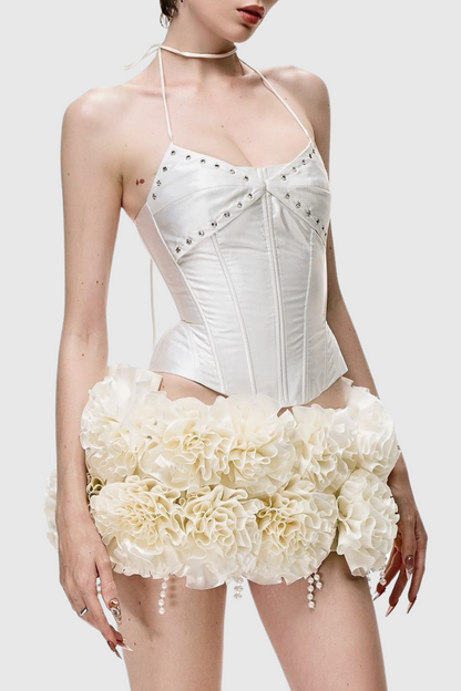 Orsolya Floral Pearl Corset Two Piece Set - Ivory