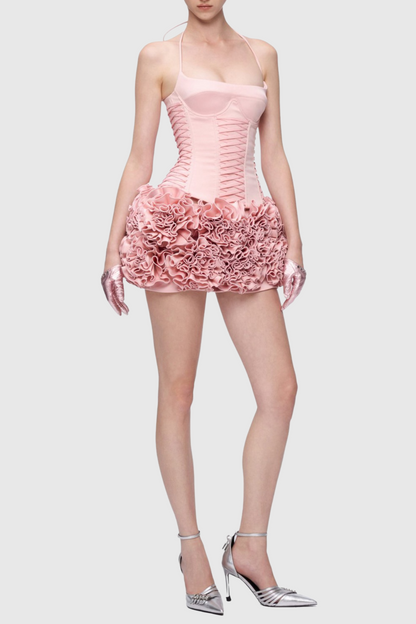 Cindia Floral Lace Up Corset Two Piece Set - Pink