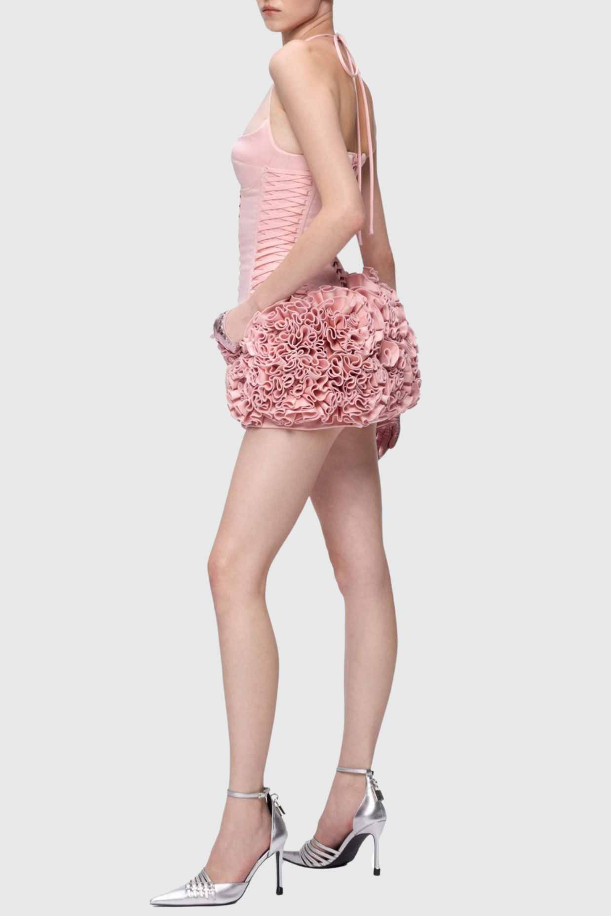 Cindia Floral Lace Up Corset Two Piece Set - Pink