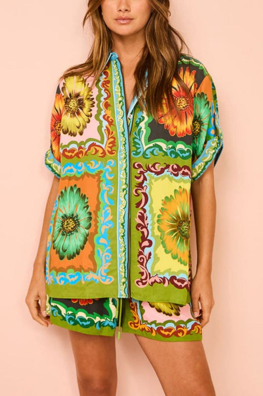 Special Sunflower Print Elastic Waist Shorts-Set