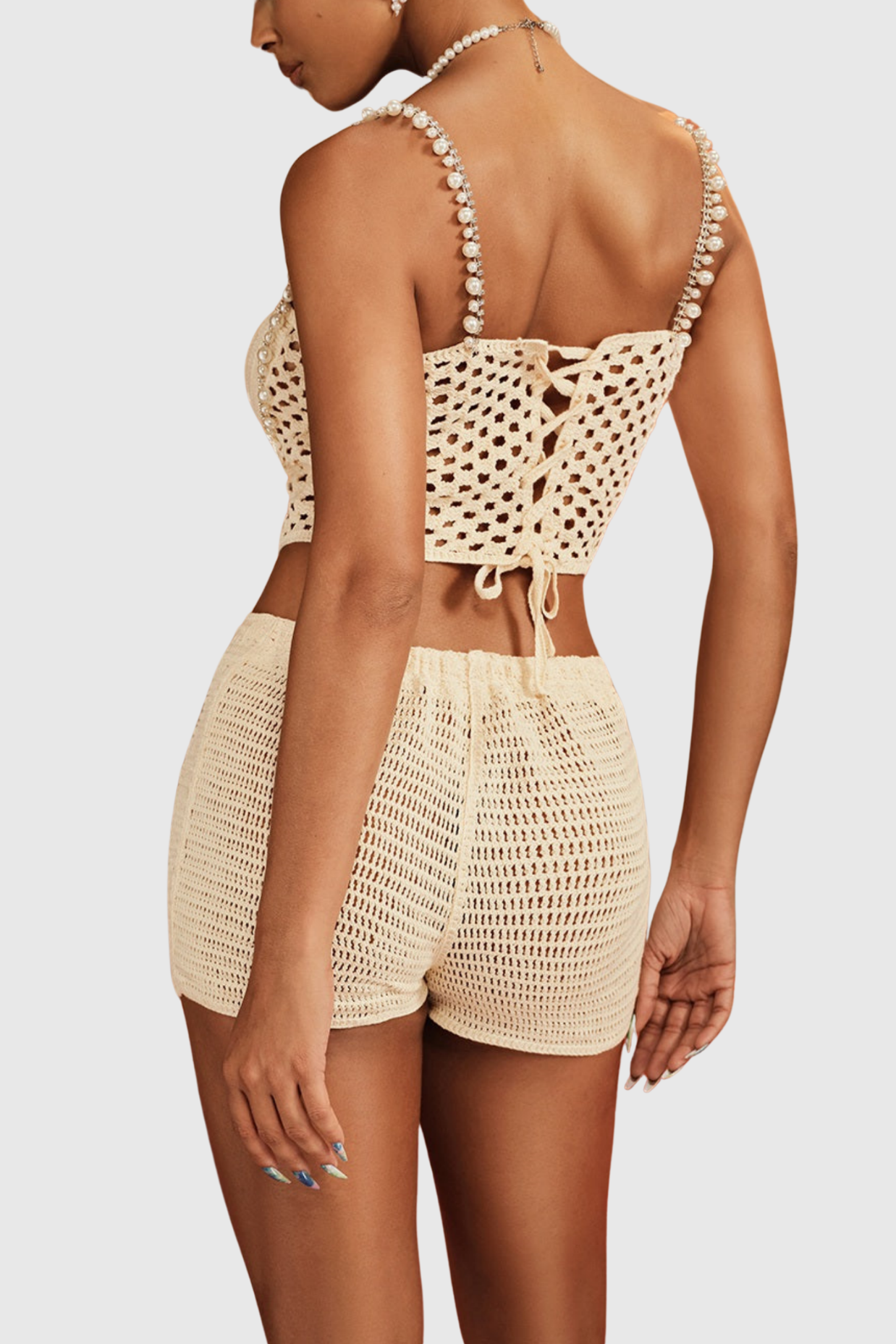 Codra Pearl Spaghetti Knit Shorts Set - White