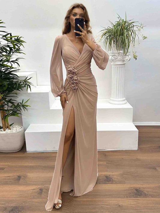 Elegant V-Neck Ruched Floral Slit Maxi Dress