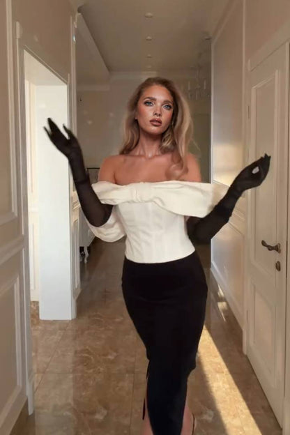 Bow Top And Velvet Skirt Set